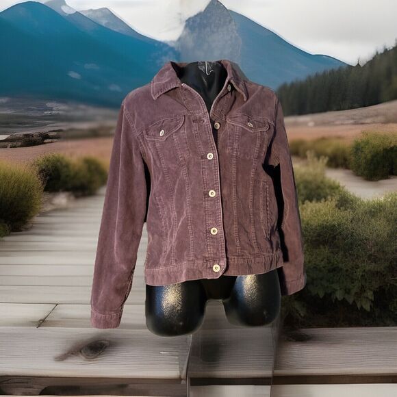 Eddie Bauer Women's Corduroy Jacket Medium Button Down Peace Sign Back Boho - Picture 2 of 4